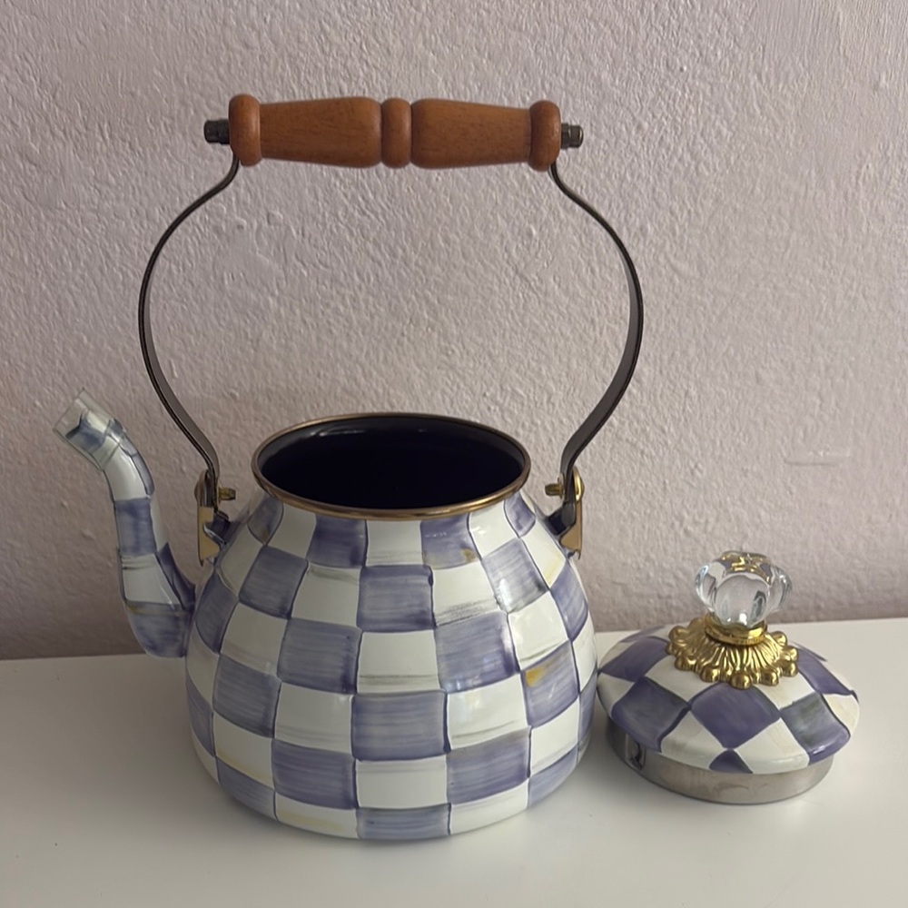 Mackenzie-Childs Hand-Painted Checkered Ceramic Teapot - Violet & White - Picture 9 of 11